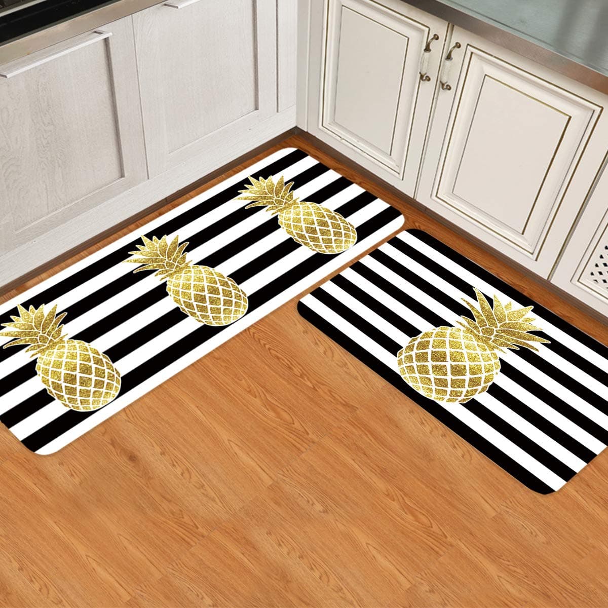 LooPoPGold Pineapple Kitchen Mats for Floor Cushioned Anti Fatigue 2 Piece Set Kitchen Runner Rugs Non Skid Washable Black Striped 15.7x23.6+15.7x47.2