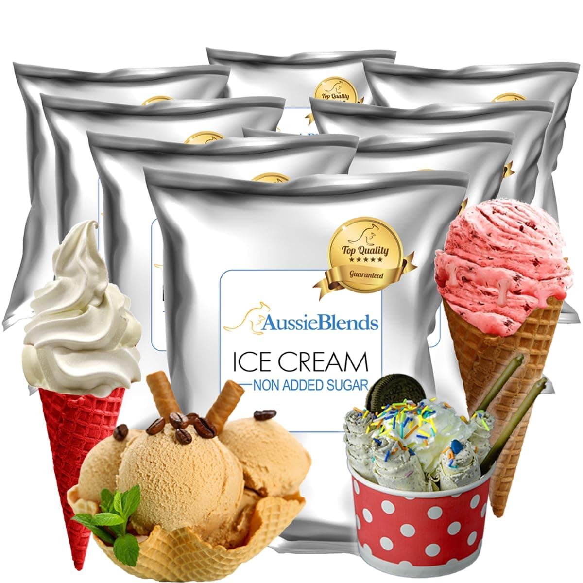 AussieBlends No Added Sugar Ice Cream Mix For Soft Serve, Milkshakes, Sundaes, and Frozen Desserts | Soft Serve Ice Cream Mix | 8-Pack, Imported