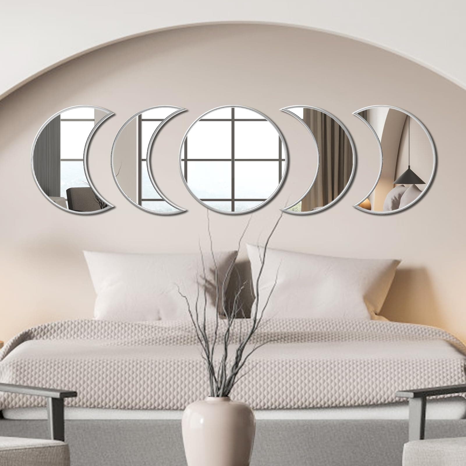 Glass Moon Phase Mirror Set, Bohemian Wall Mirror, Never Distorted Boho Wall Hanging Moon Mirror Wall Decor for Bedroom, Dorm, and Home with Preppy Cottage Vibe (Silver)