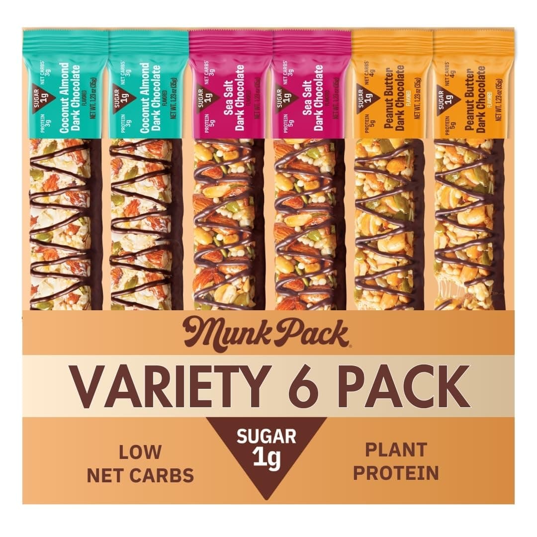Munk Pack Nut & Seed Bars, Variety Pack, Prebiotic & Probiotic GLP-1 Snack, Gut Friendly 5g Fiber, Gluten Free, Keto, Plant Based Protein, No Sugar Alcohols, 3g Net Carb, 6 Count