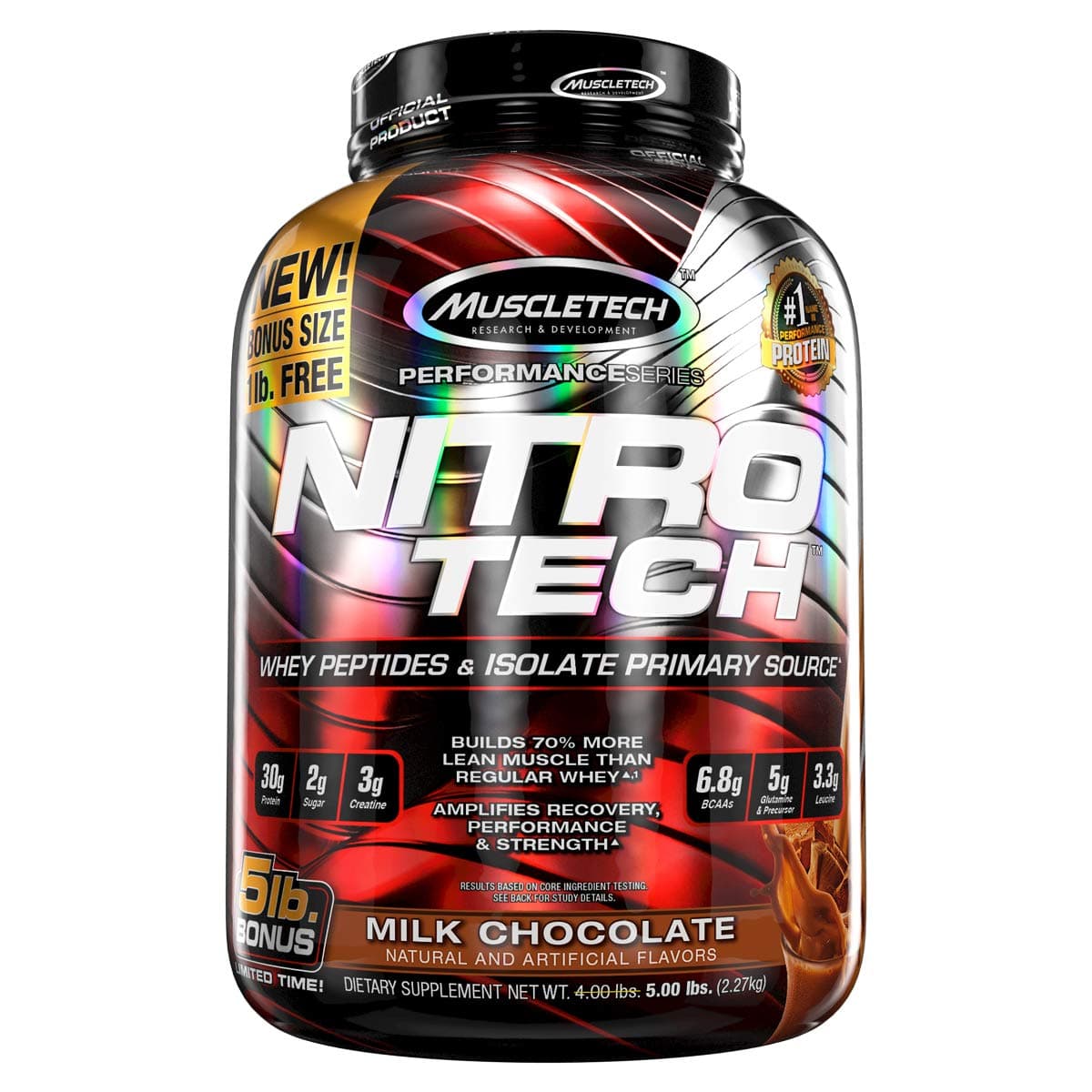 Muscletech Performance Series Nitrotech Whey Protein Peptides & Isolate (30g Protein, 2g Sugar, 3g Creatine, 6.8 BCAAs, 5g Glutamine & Precursor, Post-Workout) - 5lbs (2.27kg) (Milk Chocolate)