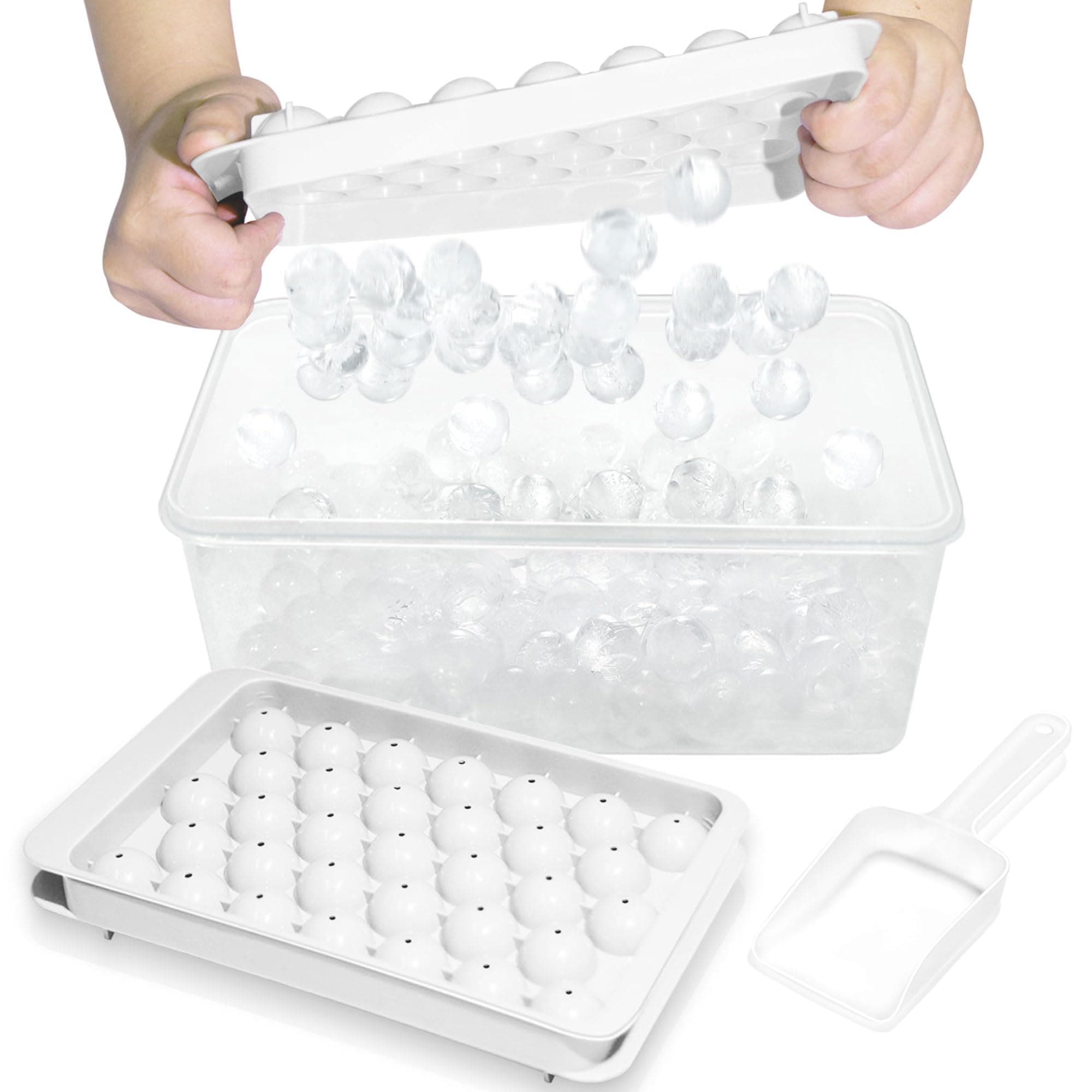 Ice Cube Tray with Lid and Bin - Round Ice Trays for Freezer with Lid - Ice Cube Trays for Freezer with Ice Container (1"-2PACK White)
