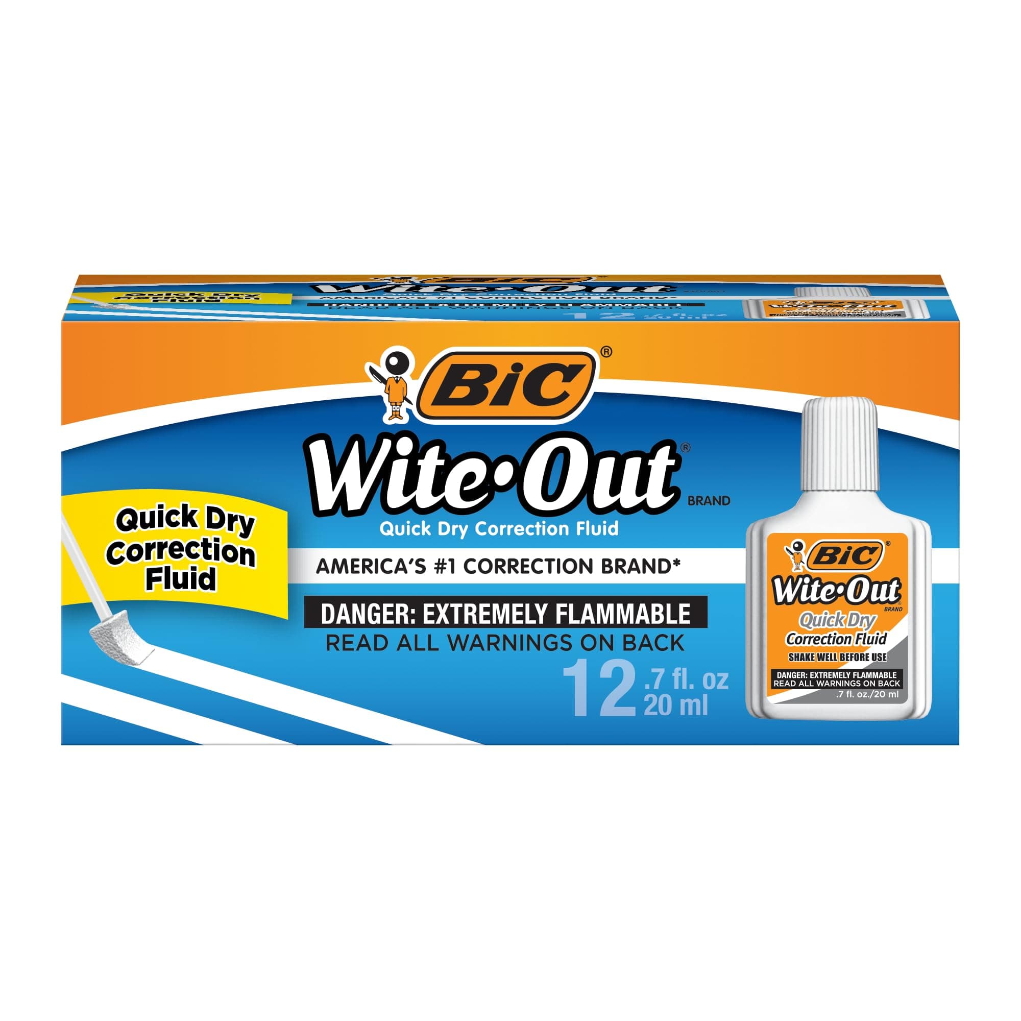 BIC Wite Out Quick Dry Correction Fluid, 20 mL, White, Goes on Easy With A Reduced Dry Time, 12-Count Pack