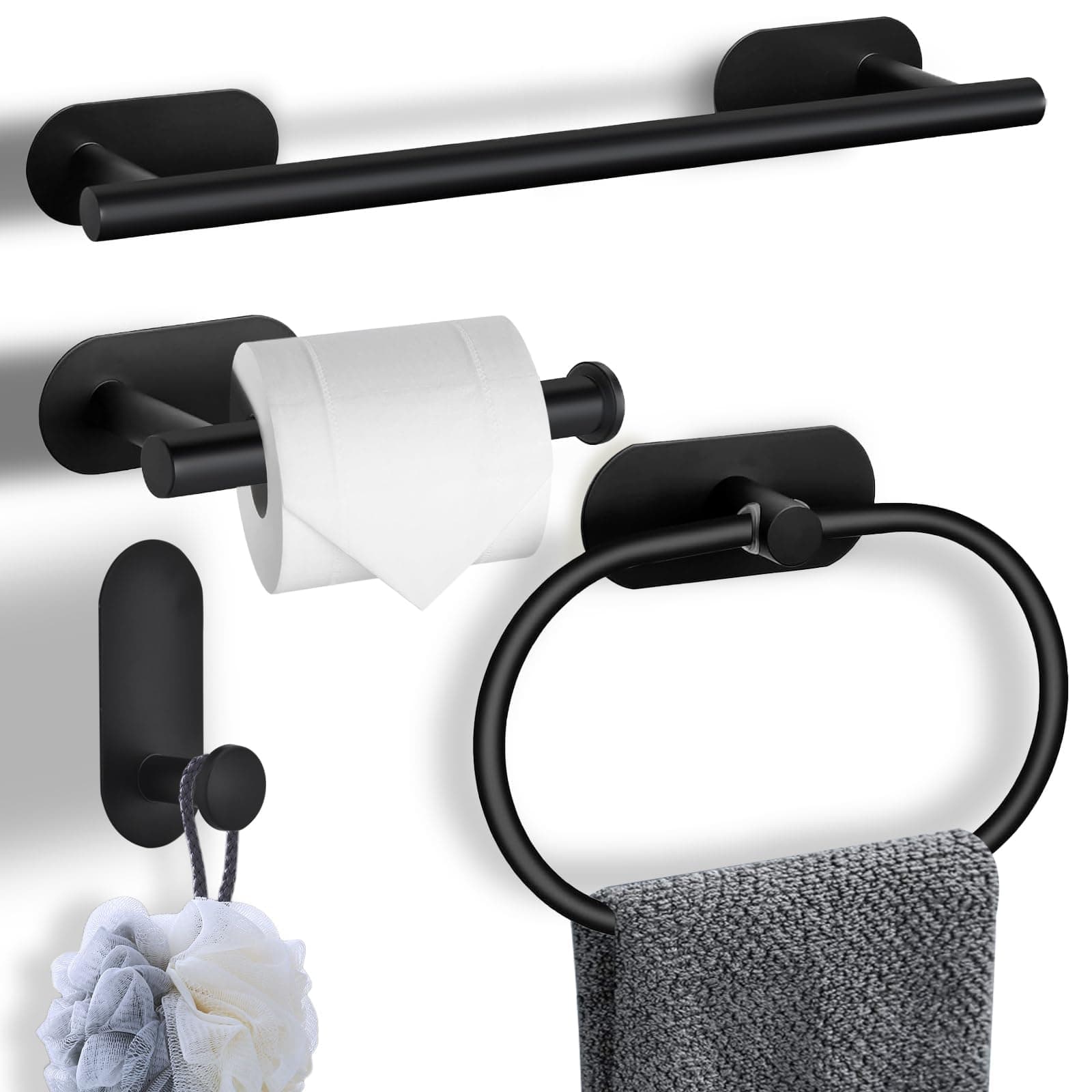 4-Pieces Matte Black Bathroom Hardware Set,Wall Mounted Stainless Steel Towel Bar Set Including 16in Towel Bar, Adhesive Toilet Paper Holder, Towel Ring, Hooks, No Drill