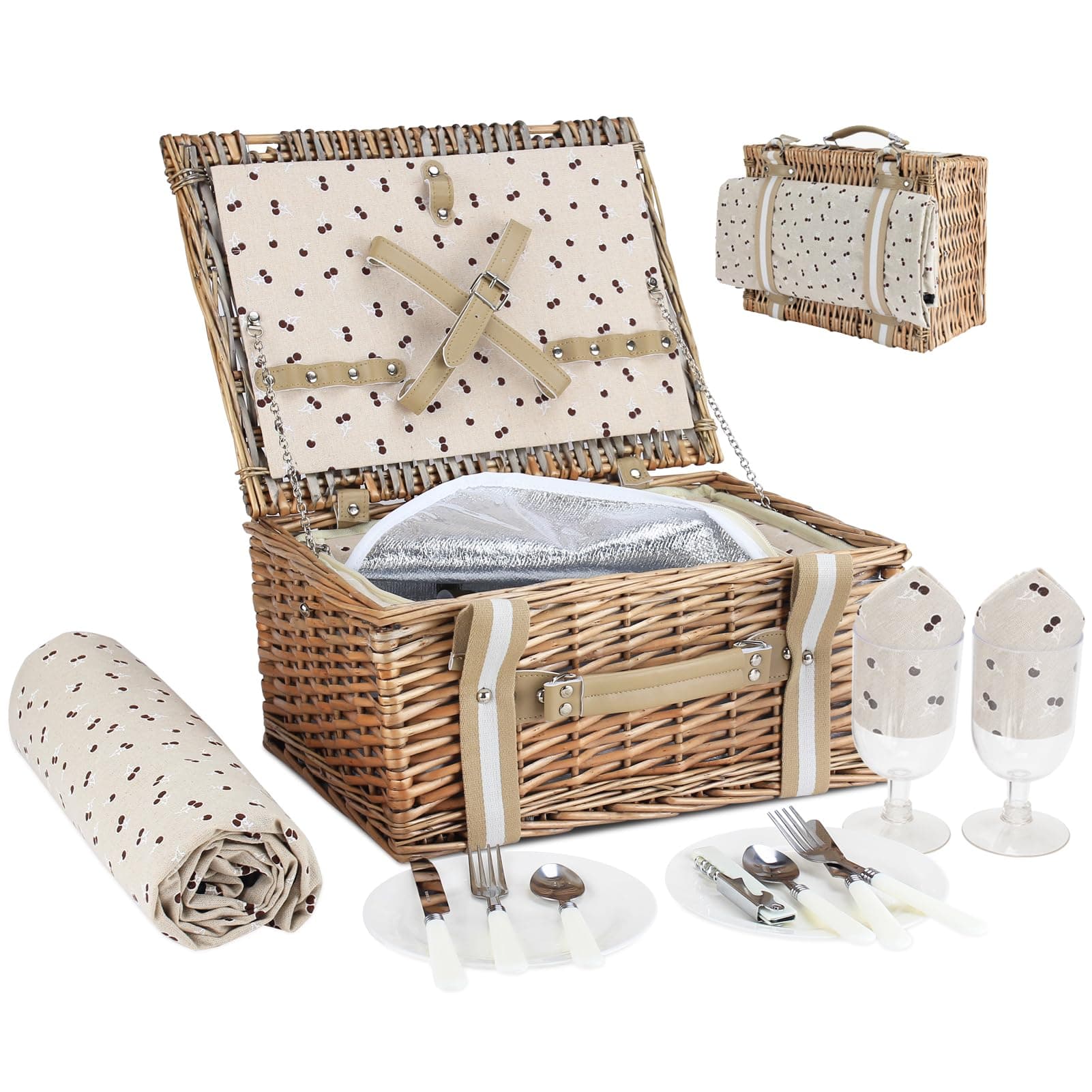 Willow Picnic Basket Set for 2 Persons with Large Insulated Cooler Bag and Waterproof Picnic Blanket, Wicker Picnic Hamper for Camping,Outdoor,Birthday