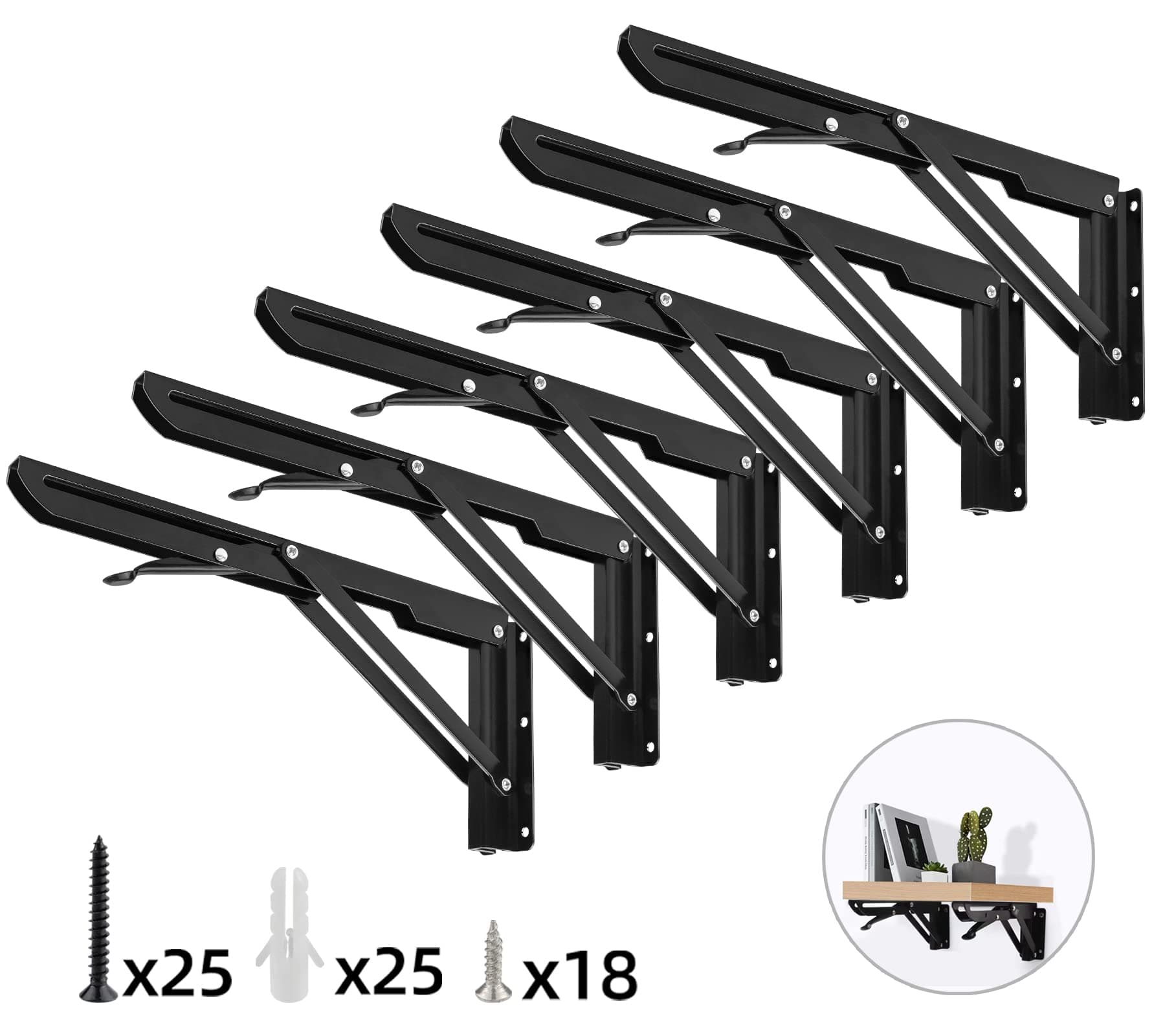 SUNVENFolding Shelf Brackets- Heavy Duty Black Table Bench Folding Shelf Bracket，Shelf Hinge Wall Mounted Space Saving Foldable Work Desk (16 Inch)