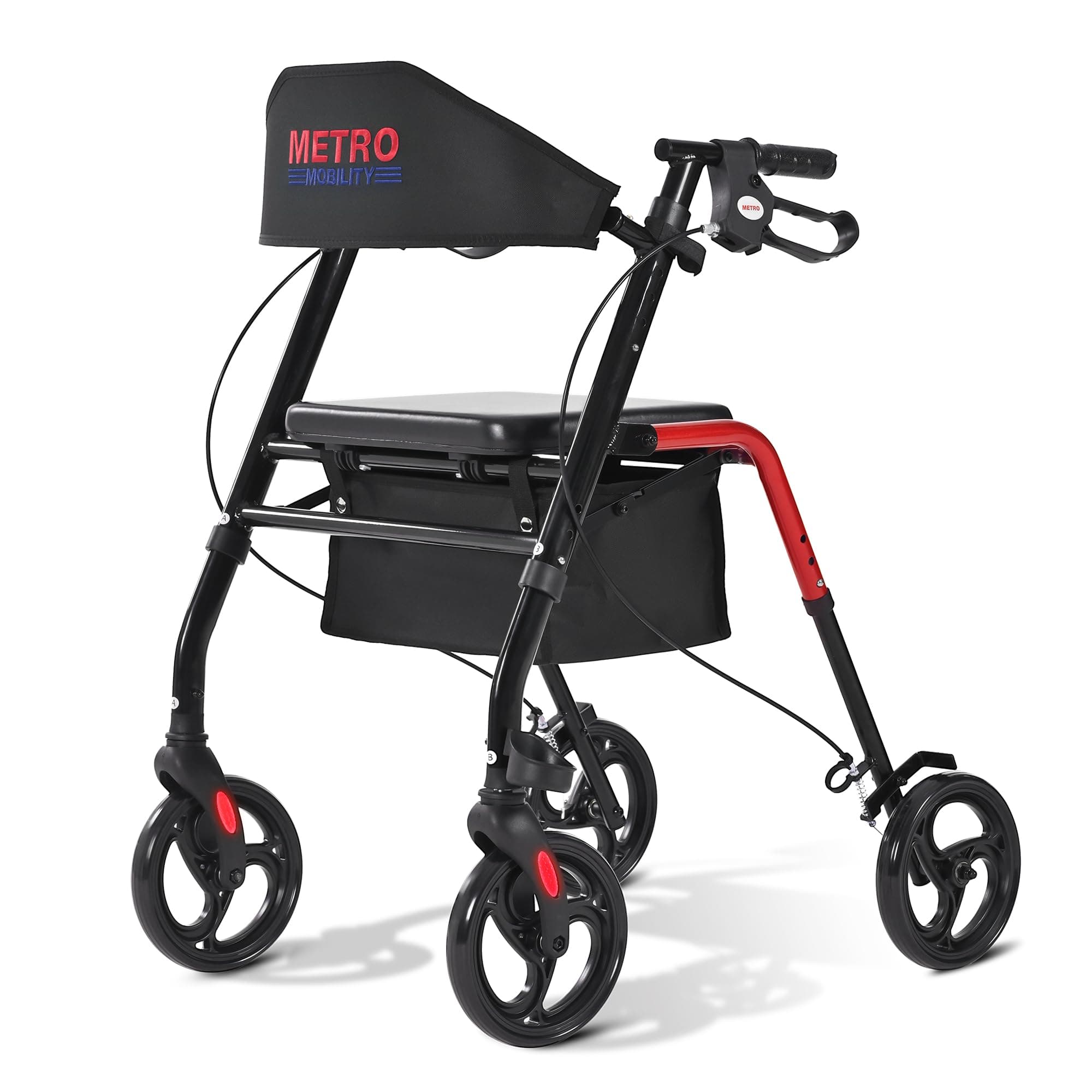 Metro Mobility Rollator Walker with Seat for Seniors, Foldable Lightweight Rolling Walker, 8" Big Wheels for All Terrain, 300 lb. Weight Capacity, Red