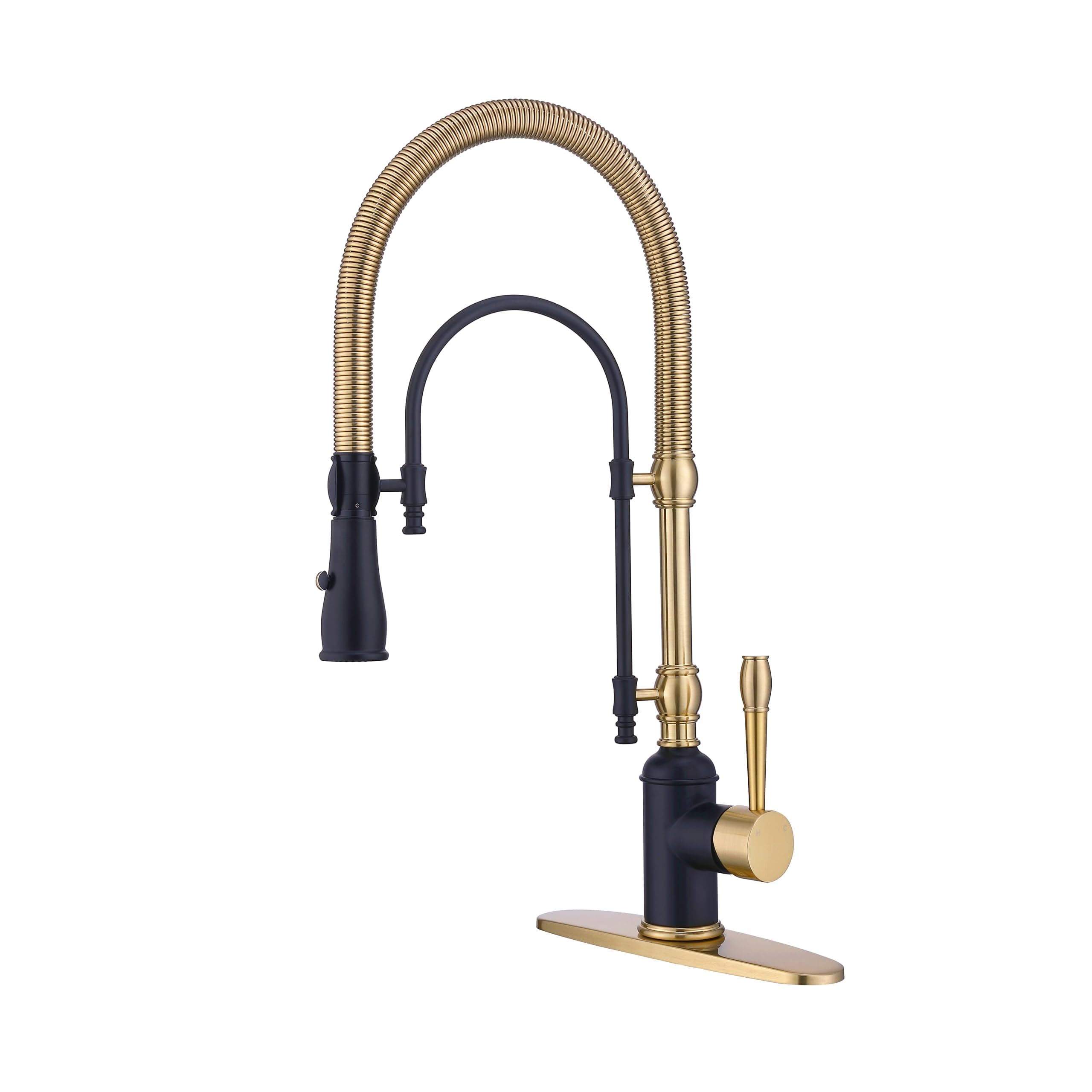 Classical Commercial Copper Kitchen Faucet, Single Handle Spring High Arc with 360° Swivel Pull Down Spray, Finish & Deck Plate for Farmhouse Sink,Black+Brushed Gold