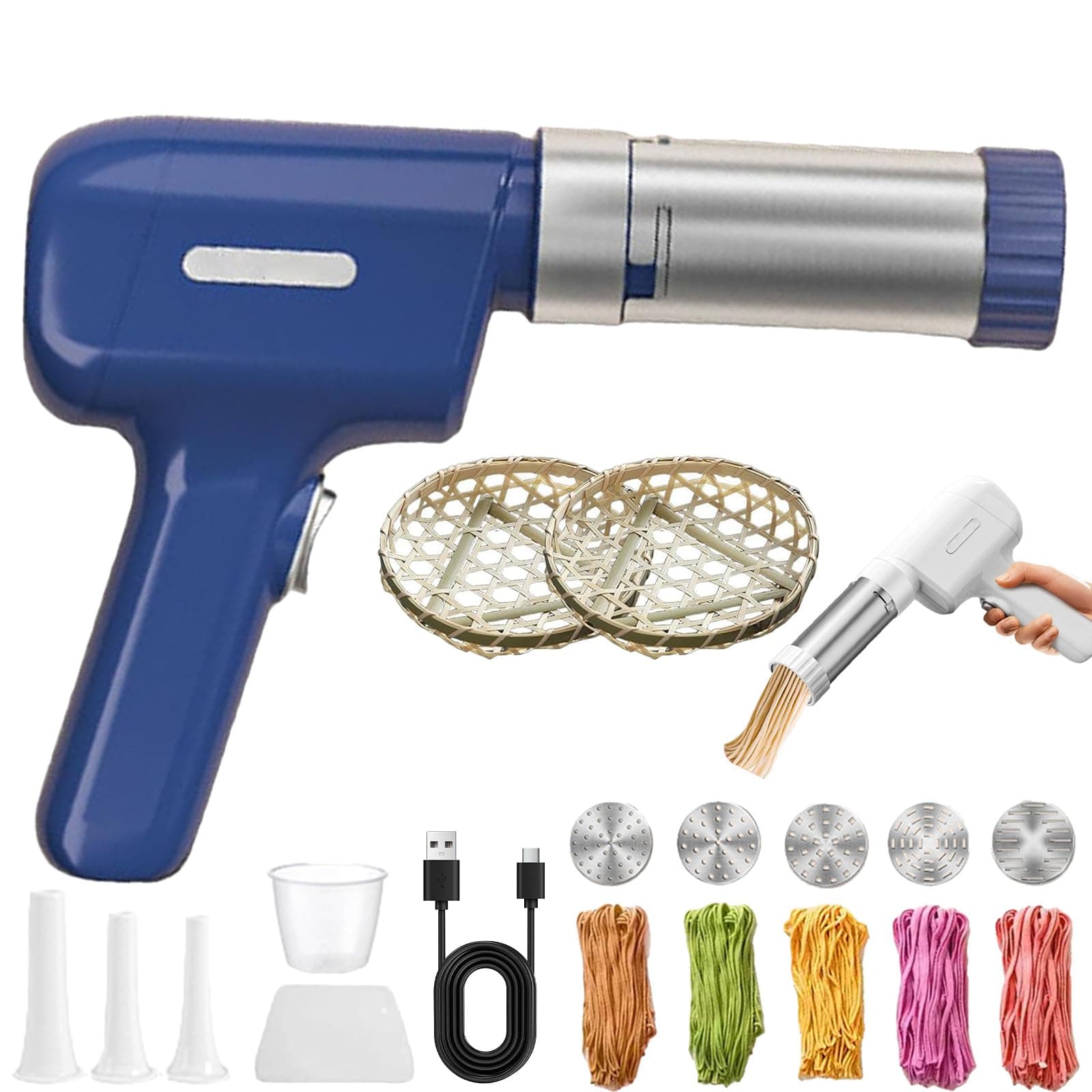 String Hopper Maker Electric, Idiyappam String Hoppers, 5-in-1 Electric Pasta Makers with 5 Interchangeable Molds, Handheld Spaghetti Makers, Portable Noodle Machine with Dough Cutter (blue)
