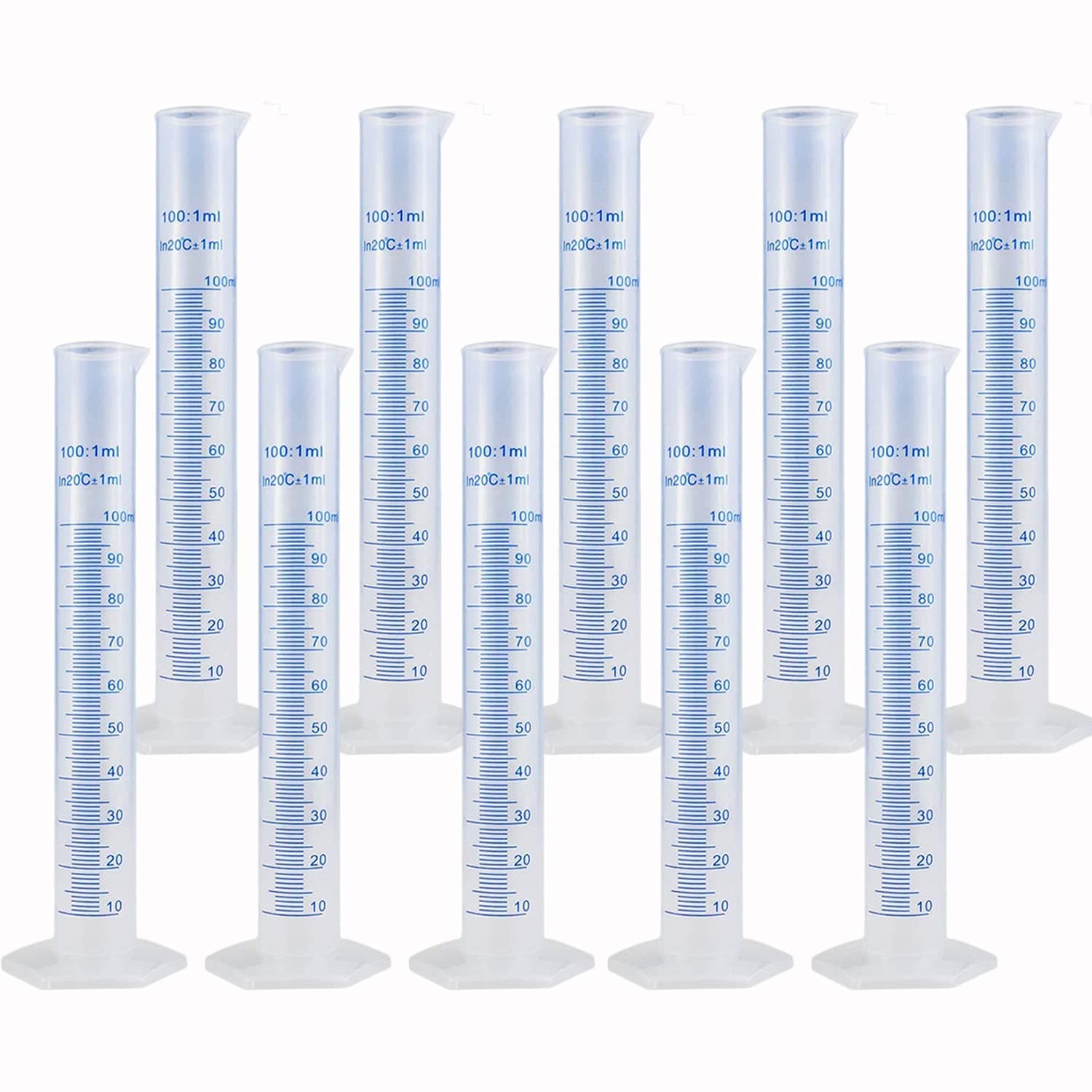 10Pack 100ml Plastic Graduated Cylinder, Plastic Measuring Cylinder Set, 2-Sided Marking Lab Cylinders, Clear Science Measuring Cylinder for Home and School Science, Laboratory Supplies