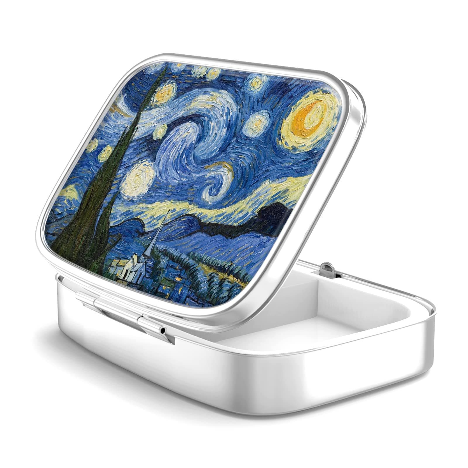 Pill Box 2 Compartment Medicine Pill Case,Portable Pill Box for Pocket or Purse Pill Box Decorative Metal Medicine Vitamin Organizer Unique Gift(Van Gogh Starry Night)