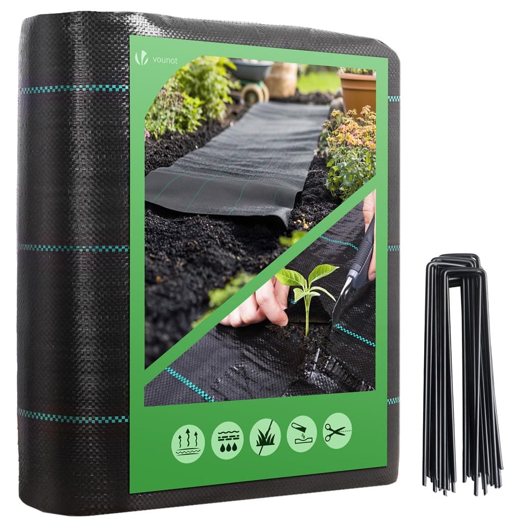 VOUNOT Weed Control Membrane 2m x 10m, with 30 Securing Pegs, Heavy Duty Weed Control Barrier Fabric, Landscape Ground Cover Suppressant Membrane for Garden, UV Stabilised