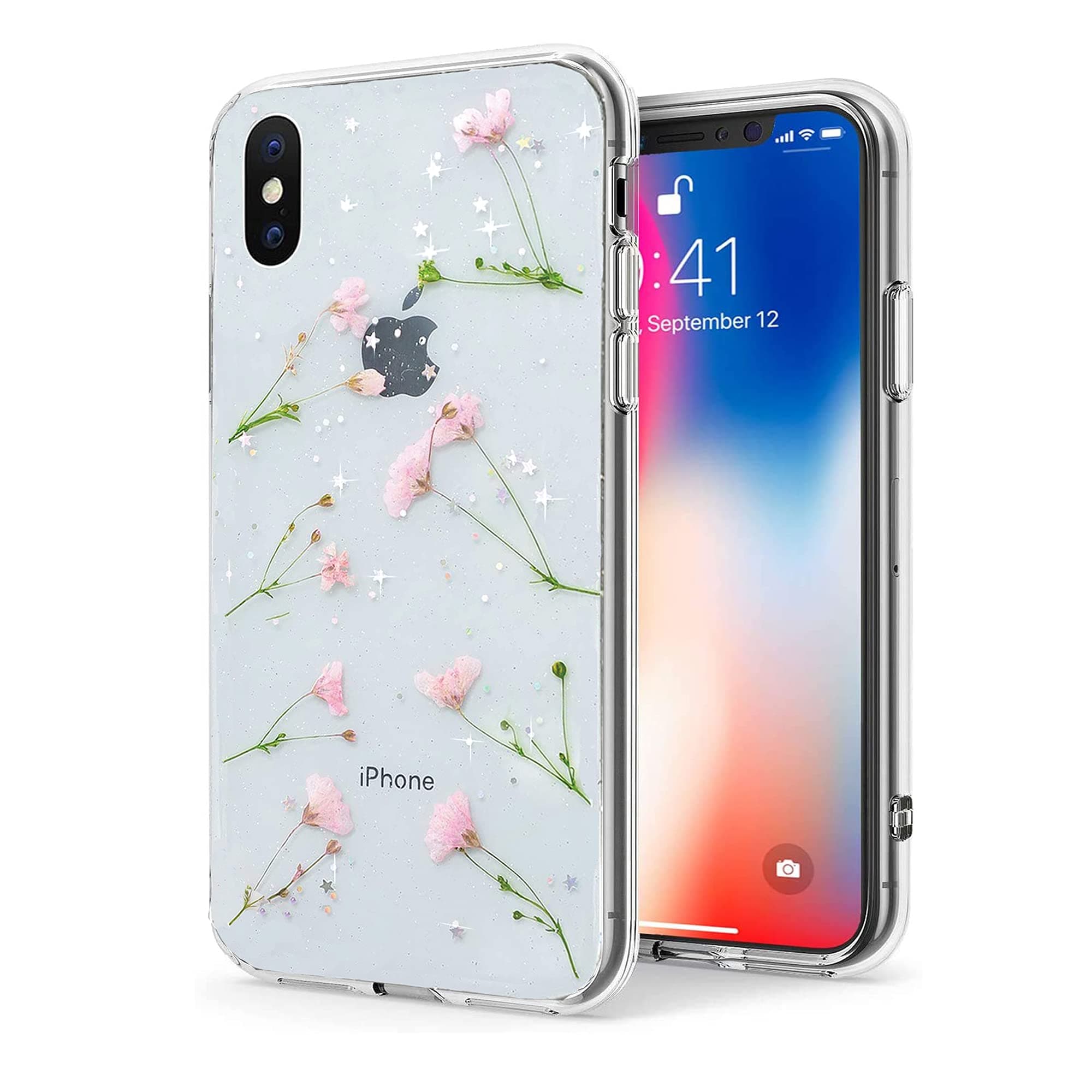 Compatible with iPhone X/XS Flower Case, Feibili Soft Clear Flexible Rubber Pressed Dry Real Flowers Case Girls Glitter Floral Cover for iPhone X/XS (Pink, iPhone X/XS)