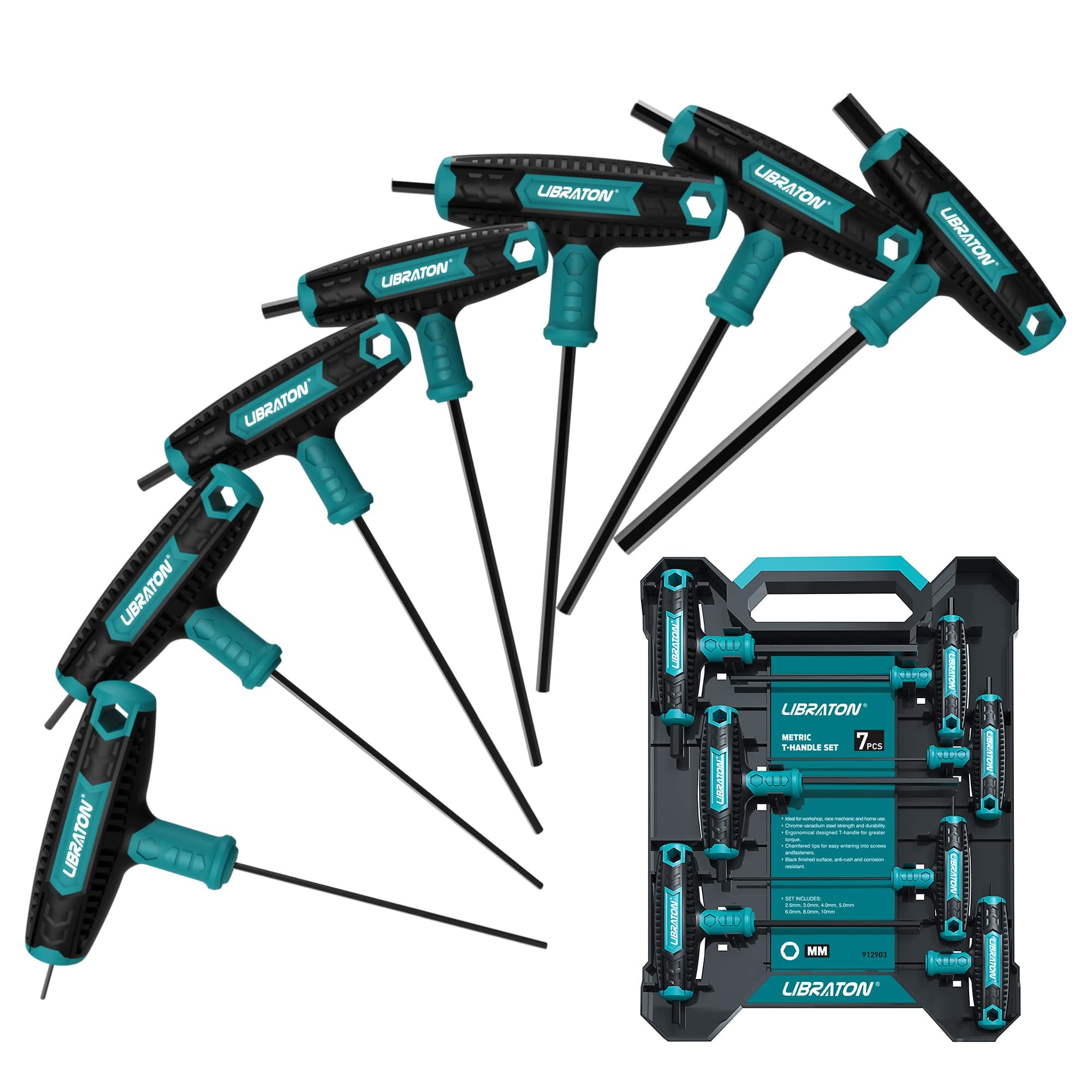 LIBRATON T Handle Allen Keys, Hex Key T-Handle Set, Metric Hexagon Wrench Set, Bike Repair Tool with Storage Case, 7 Pieces