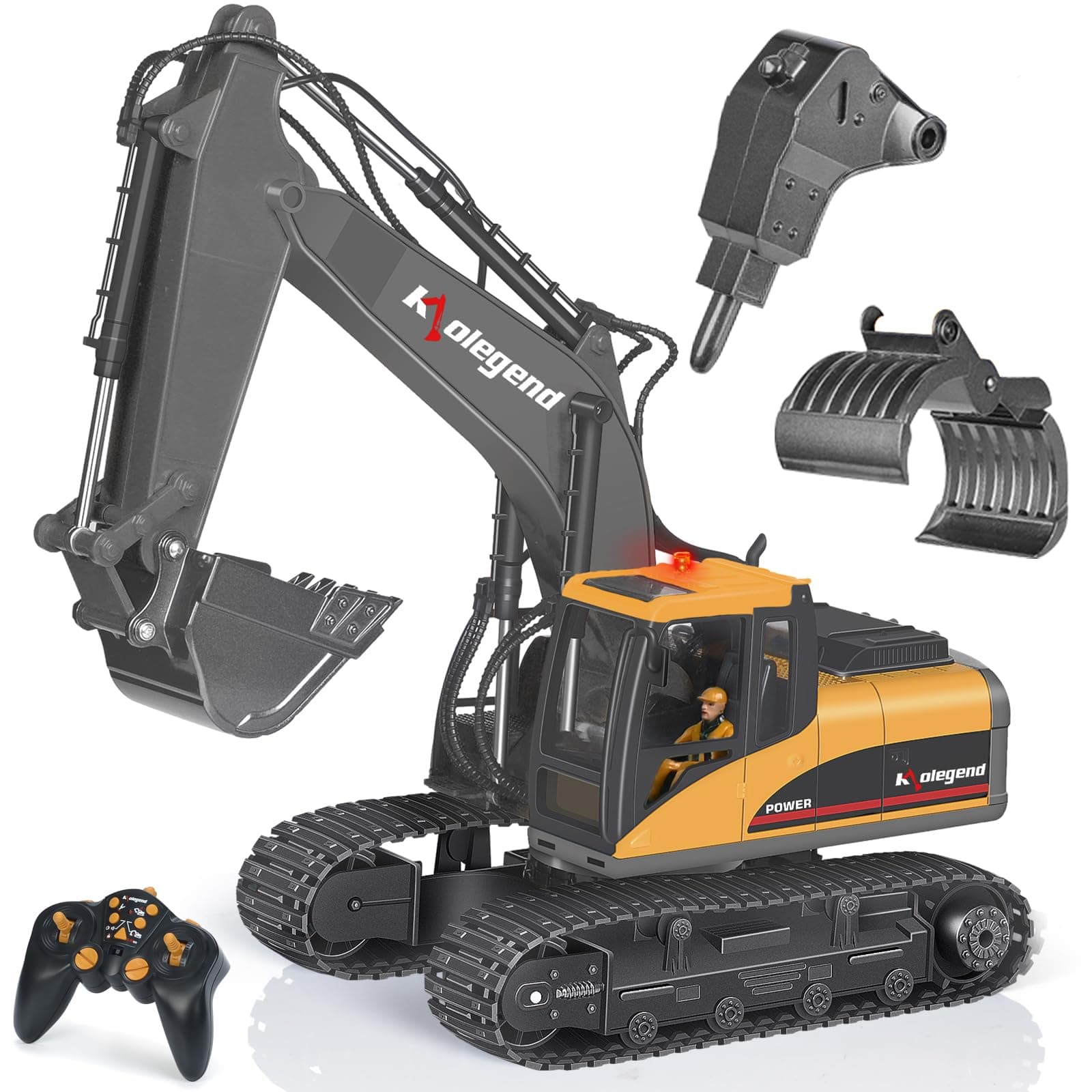 3 in 1 Remote Control Excavator Toy 1/14 Scale RC Excavator, 15 Channel Upgrade Full Functional Construction Vehicles with Tools Metal Breaker and Electric Gripper(Yellow/Black)