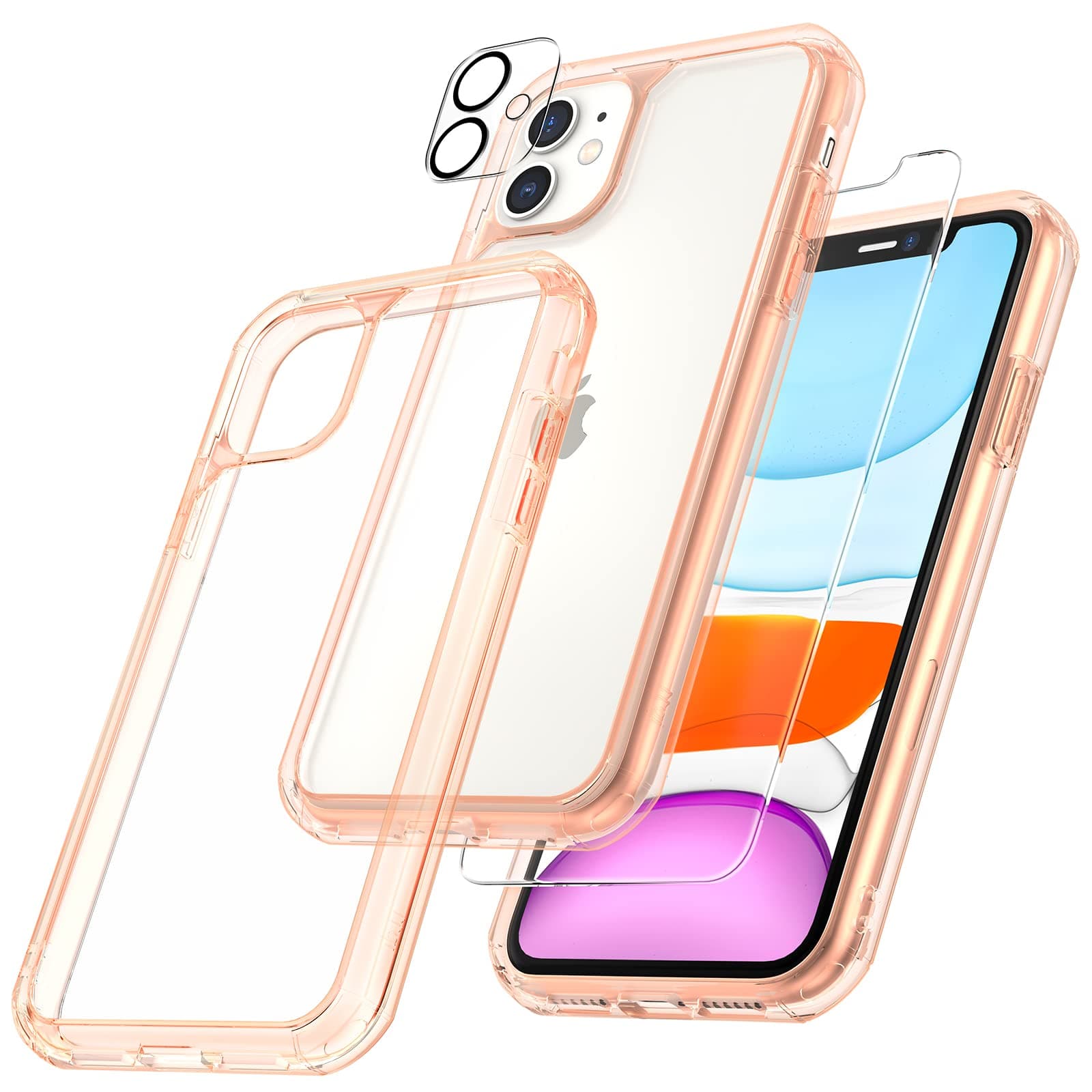 TAURITAURI [5 in 1 Defender Designed for iPhone 11 Case, Anti-Yellowing with 2 Pack Tempered Glass Screen Protector + 2 Pack Camera Lens Protector Slim Cover for iPhone 11 6.1 inch-Rose Gold
