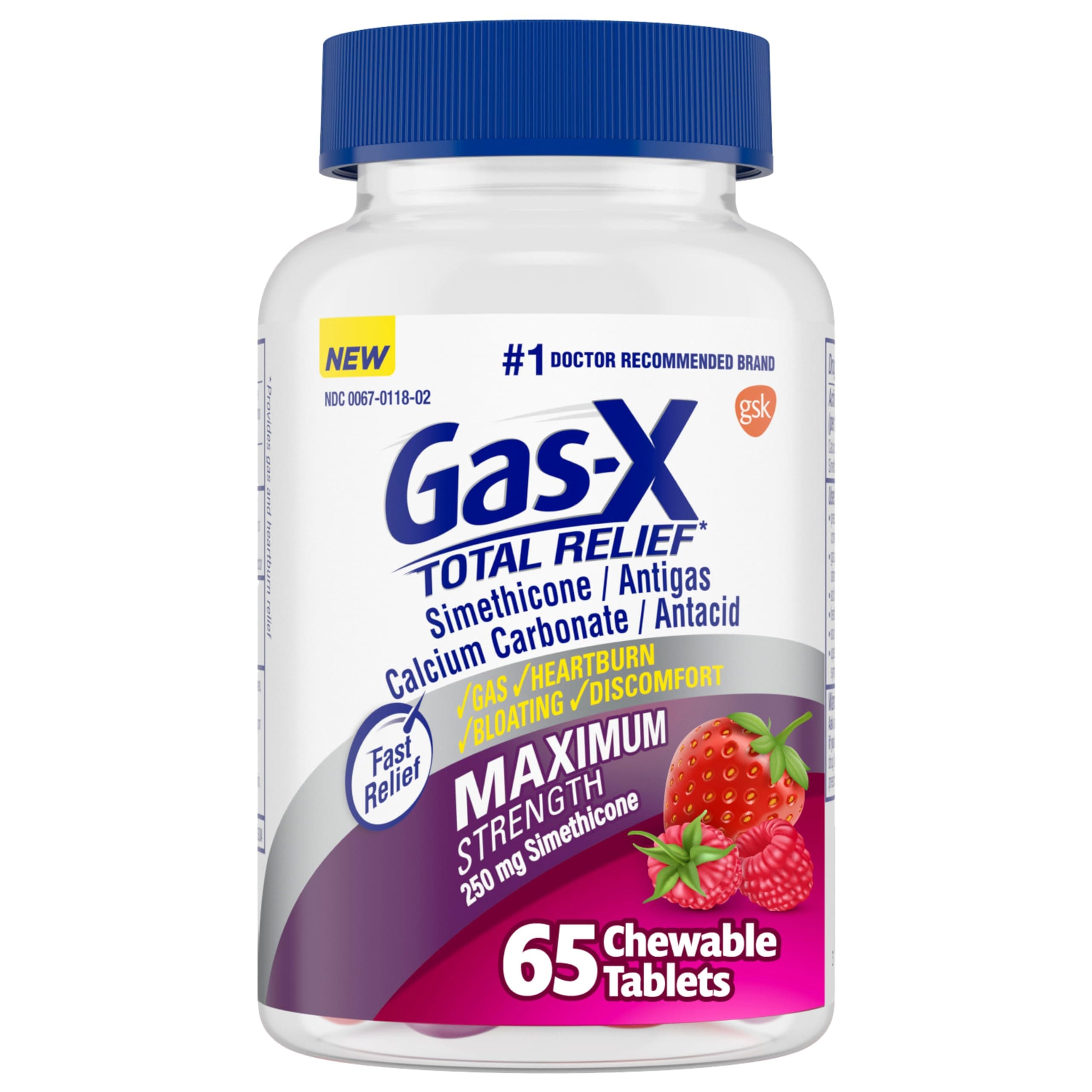 Gas-X Total Relief Chewable Tablets with Maximum Strength Gas Relief Simethicone 250 mg and Heartburn Relief Calcium Carbonate 750 mg, Bloating Relief, Mixed Berries - 65 Count