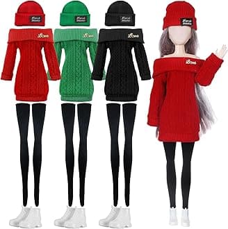 3 Set 12 Pcs Winter Christmas Doll Clothes and Accessories 12 Inch Doll Suit Doll Pants Shoes Sweater Outfits, Dolls are Not Included(Red, Green, Black)