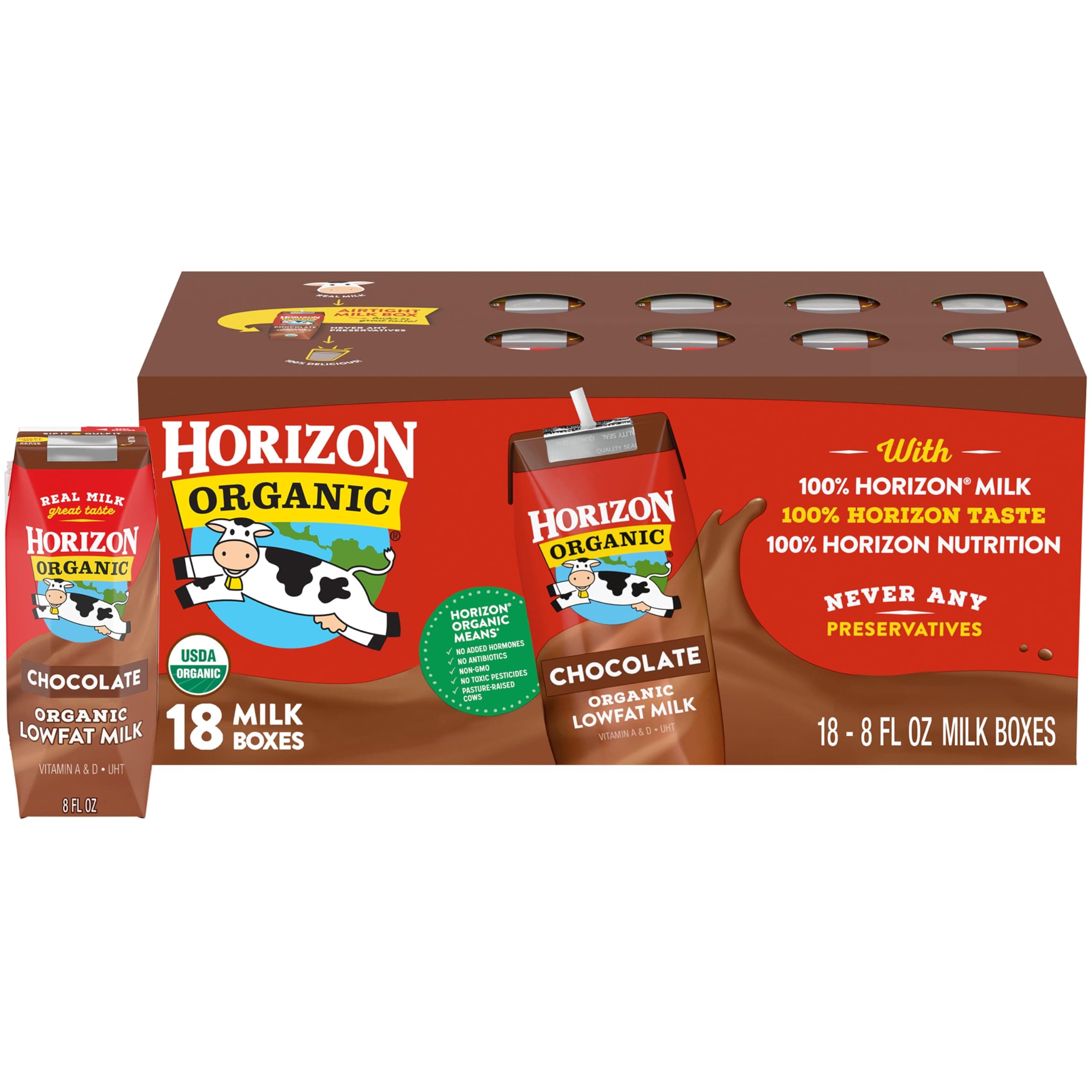 Horizon Organic Shelf Stable 1% Lowfat Chocolate Milk Boxes, 8 fl oz, 18 Count - 8g Protein per Serving, USDA Organic UHT from Pasture-Raised Cows, Ready to Drink for Lunchbox, Travel, or On-the-Go, No Refrigeration Needed