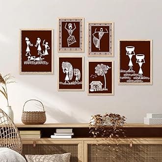kotart Warli art Digital Paintings with Frame for Home Decoration - Painting for Living Room Bedroom Office Room Decor - Painting for Wall Decoration - Pack of 6 (H)