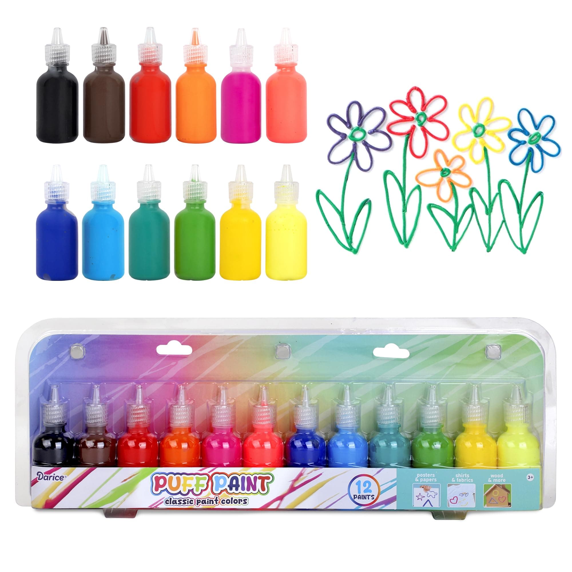 Darice Puff Paint, 12 Pack 3-D Fabric Paint, Classic Colors, Permanent Non-toxic Paint Set for Kids, Ages 3+