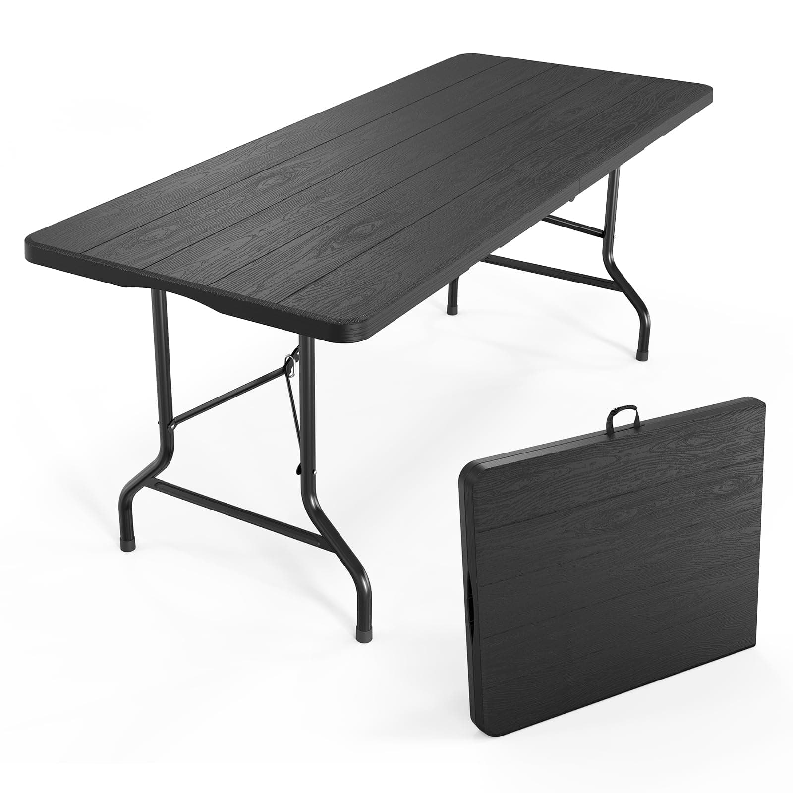 VINGLI 6 Foot Plastic Folding Table Portable Long Table for Indoor Outdoor Use Rectangular with Carrying Handle, Tree Patterned HDPE Tabletop, Black
