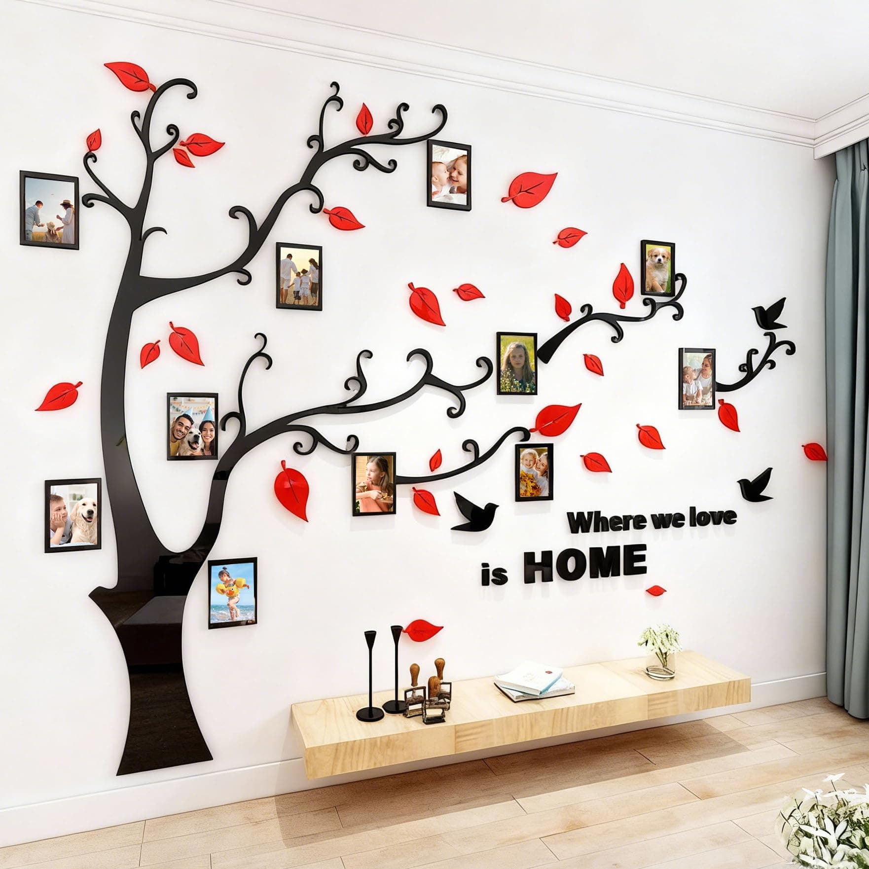 3D Tree Wall Stickers - DIY Photo Frame Tree Wall Decal Family Photo Frame Sticker Murals Wall Decor Living Room Bedroom TV Background Home Decorations (S:54 * 39in,Red Right)