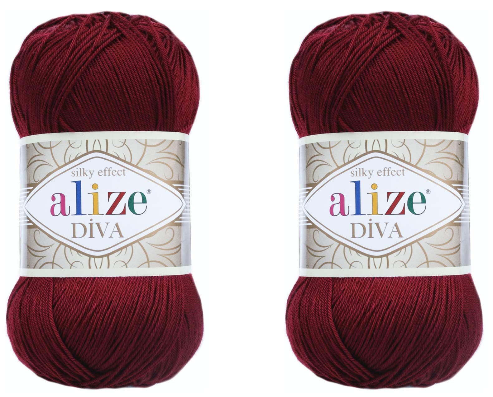 Diva Yarn 100% Microfiber Acrylic Yarn, Silk Effect, 2 Skeins, 200gr, 767yds, Fingering Weight, Red (Bordeaux)