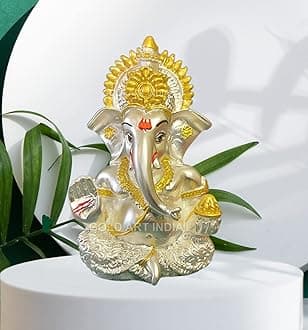Gold Art India 999 Silver Plated Ganesha/Vinayaka/Vinayagar/Pillayar Idol Car Dashboard/Gifting/Home & Office Decor 3.5 inches (Silver) (Silver Matte)