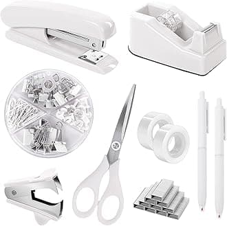 White Office Supplies Set, Desk Accessories, Stapler, Tape Dispenser, Scissors, Binder/Paper Clips and 1000pcs Staples, Office Decor for Women