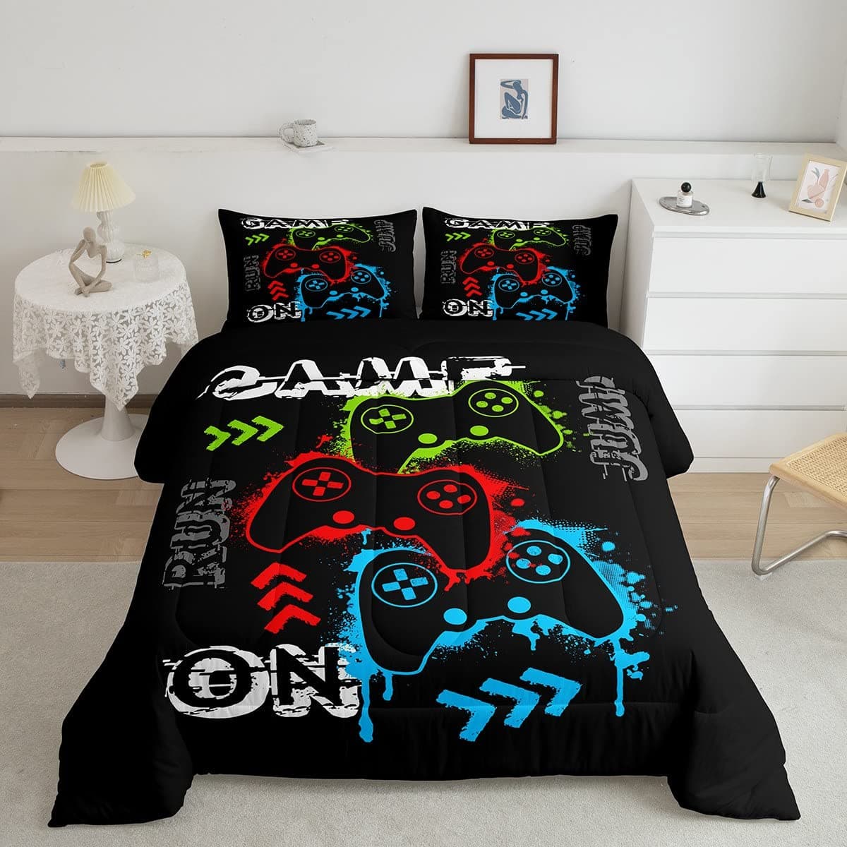 3D Gaming Comforter Set Boys Teens Gamer Video Game Controller Reversible Bedding Set Gamepad Decor Comforter Watercolor Joystick Decor Quilt Set Bedroom Collection 3Pcs Full Size