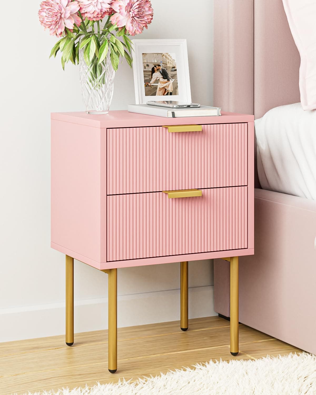 Nightstand,Morden Bedside Table with Gold Frame,Small Night Stand,End Table,Bedside Furniture,Side Table with Drawer and Shelf for Bedroom,Living Room (2Drawers, Pink)