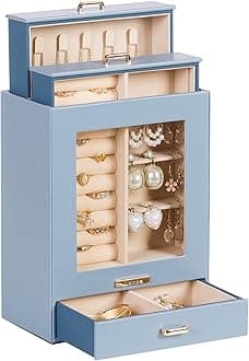 Homde Jewelry Organizer Girls Women Jewelry Box for Necklaces Rings Earrings Christmas Gift Bracelets Storage Case (Grey Blue + Gold)