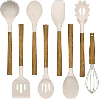 Umite Chef 8-Piece Silicone Cooking Utensil Set with Acacia Wooden Handles - Khaki (Khaki)