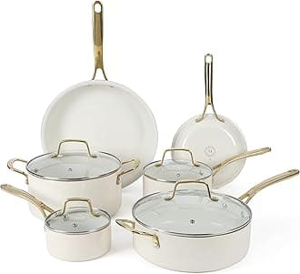 Lockton Premium Nonstick PFA Free Ceramic Interior 10 Piece Heavy Gauge Enamel Aluminum Pots and Pans Cookware Set - Linen White w/Gold Handle