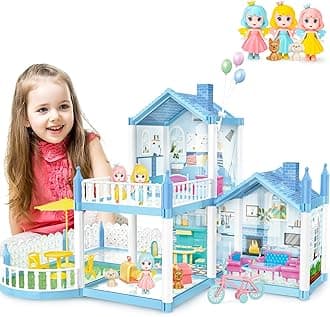 deAO Doll House Playset Dream House Pretend Doll House with Accessories Portable Princess House Great Gift for Girls Age 3 4 5 6 7 8 for Birthday Christmas