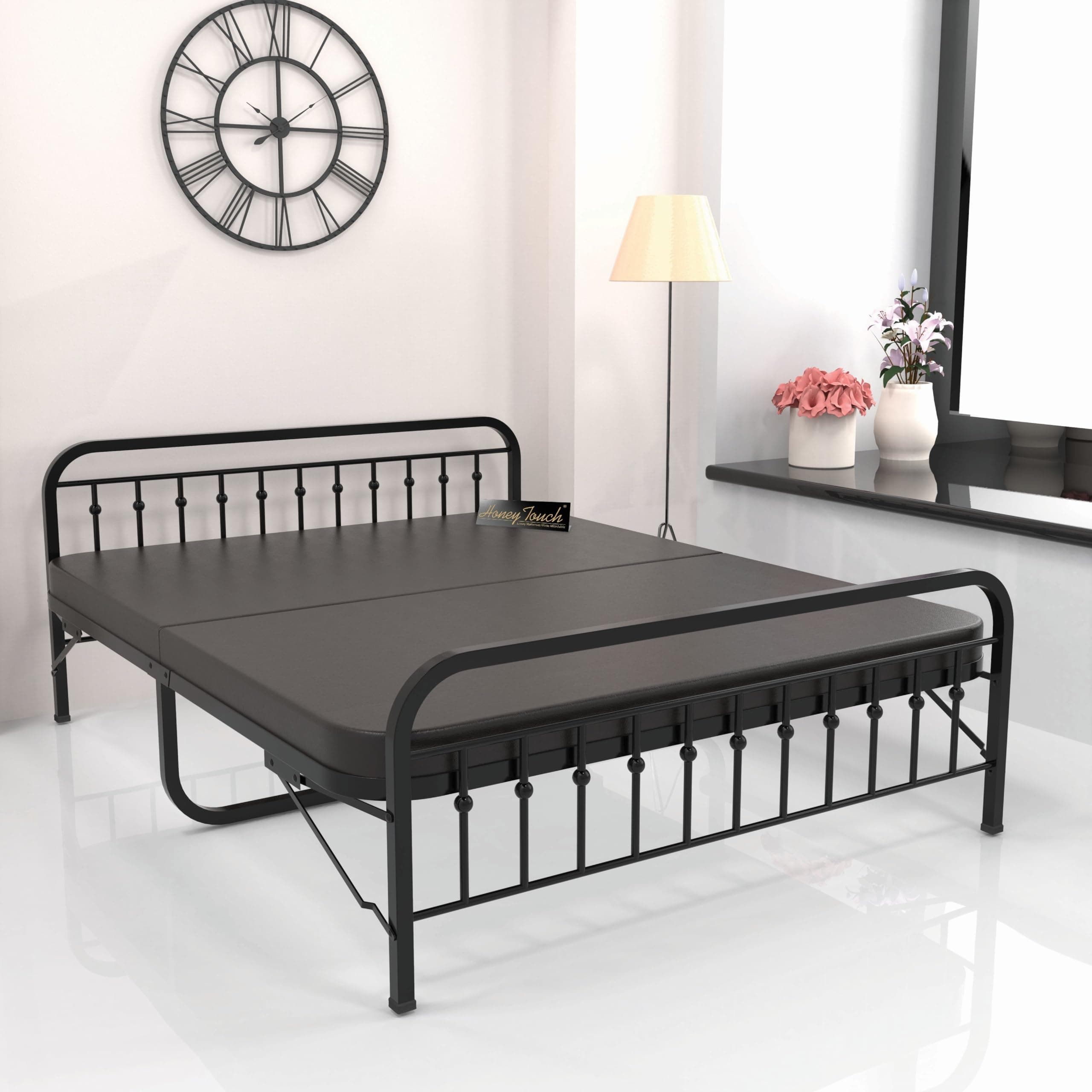Honey Touch Nova Folding Double Bed with Mattress | No Assembly Required | Foldable Bed for Sleeping/Guests/Rented Apartments/Bedroom(4x6.25ft, Black)