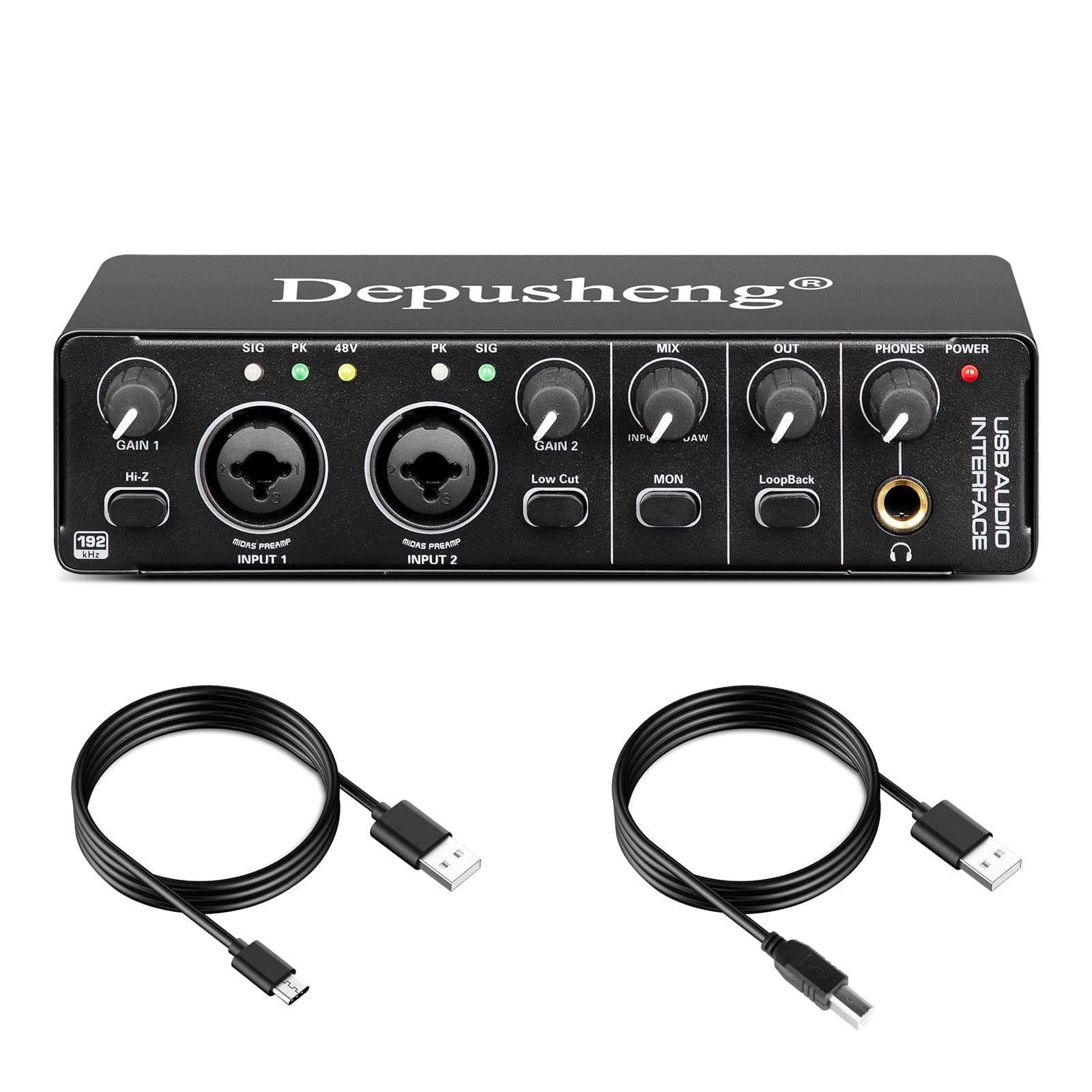 Depusheng RX2 usb audio interface computer recording sound card, home studio audio interface, can connect 48V condenser microphone, guitar recording