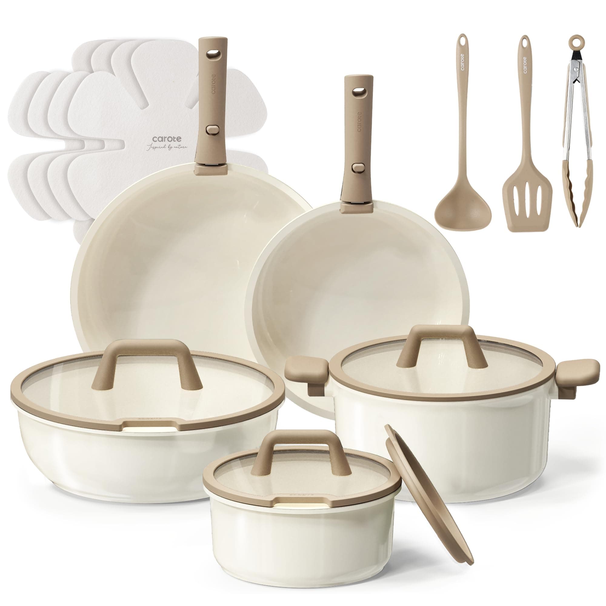 18pcs Ceramic Cookware Set, Pots and Pans Set, Induction Nonstick Kitchen Cookware Sets, Non Stick RV Set with Detachable Handle, Dishwasher/Oven Safe, Brown