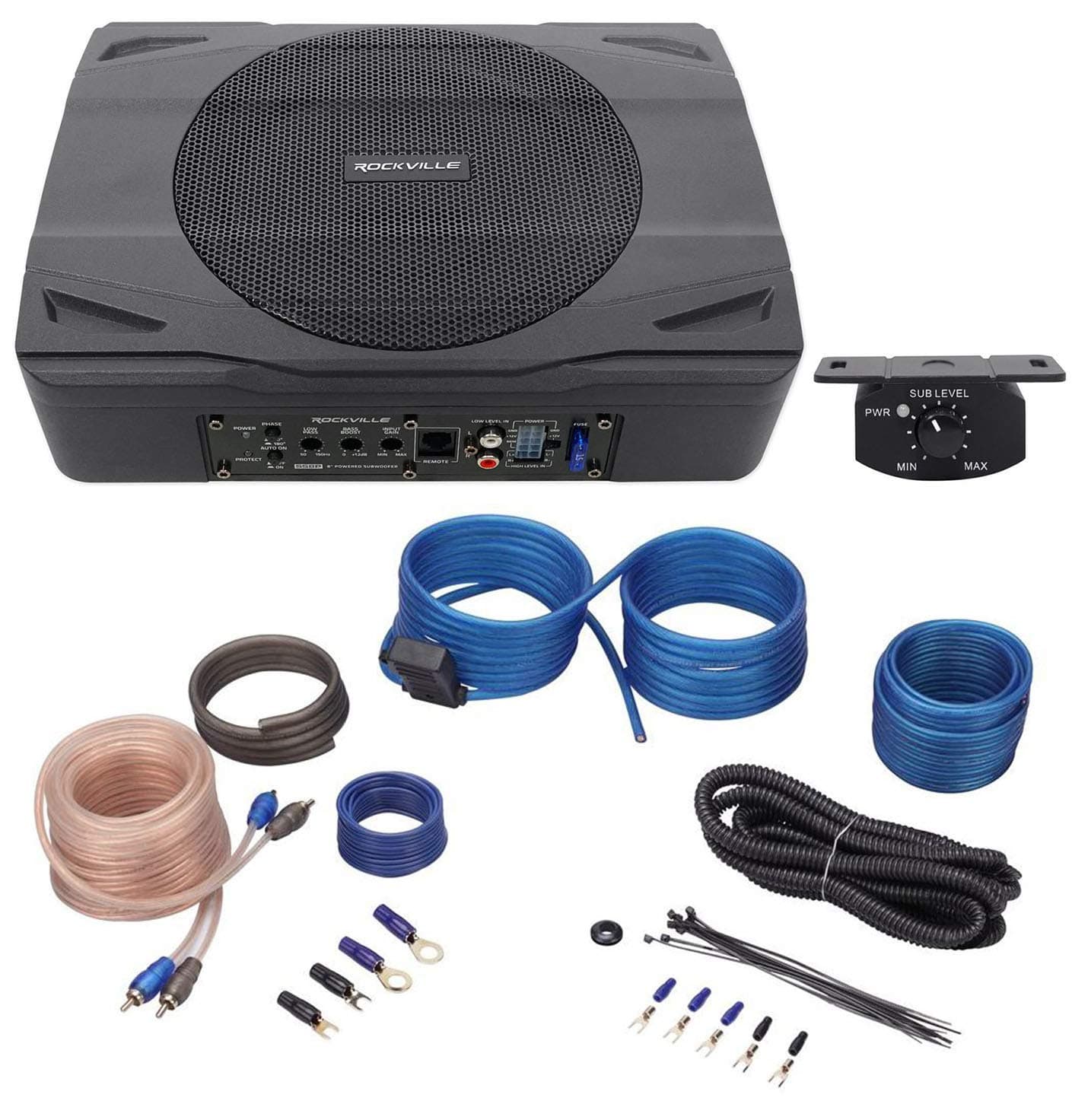Rockville SS8P Bundle: 400-Watt 8 in Slim Under-Seat Active Powered Car/Truck Subwoofer, RWK10 10 Gauge Amp Installation Kit with ANL Fuse Holder and 100% Copper RCA Cable, 2-Items