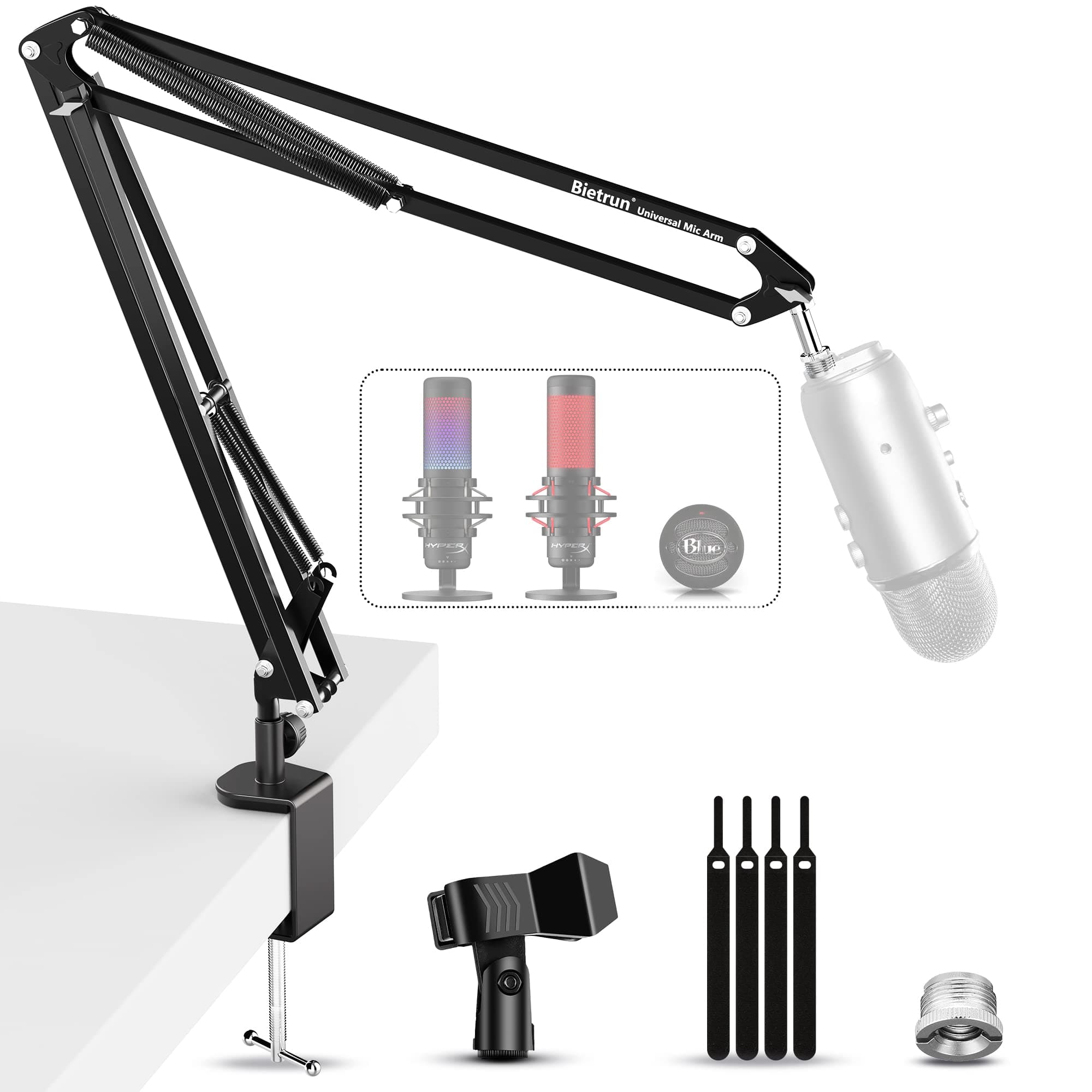 Bietrun Microphone Arm Desk Mount, Upgrade Thick Arm＆Strong Pull Metal Scissor Desk Boom Arm for Blue Yeti/Wave/Snowball/Quadcast/Shure SM7B/SM58/MV7, with 3/8 Plug, 3/8 to 5/8 Adapter, Mic Clip