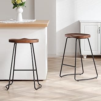 HeuGah Bar Stools Set of 2, 26" Counter Height Bar Stools with Metal Leg, Rustic Backless Bar Stool for Kitchen Island, Bar Chairs with Solid Wood Saddle Seat (Walnut, 2 PCS 26Inch Counter Stools)