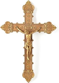 BC Catholic Crucifix Wall Cross, 12"H Jesus Christ Religious Home Decor, Catholic Wedding Gift, Gold Color Finish, Hand-painted by Buildclassic