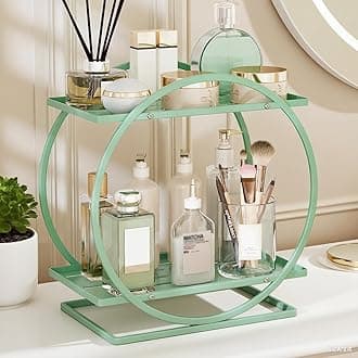 Green Perfume Organizer for Dresser, 2-Tier Bathroom Counter Organizers, Elegant Round Makeup Organizer for Vanity, Versatile Bathroom Tray Countertop Shelf, Compact Skincare Storage
