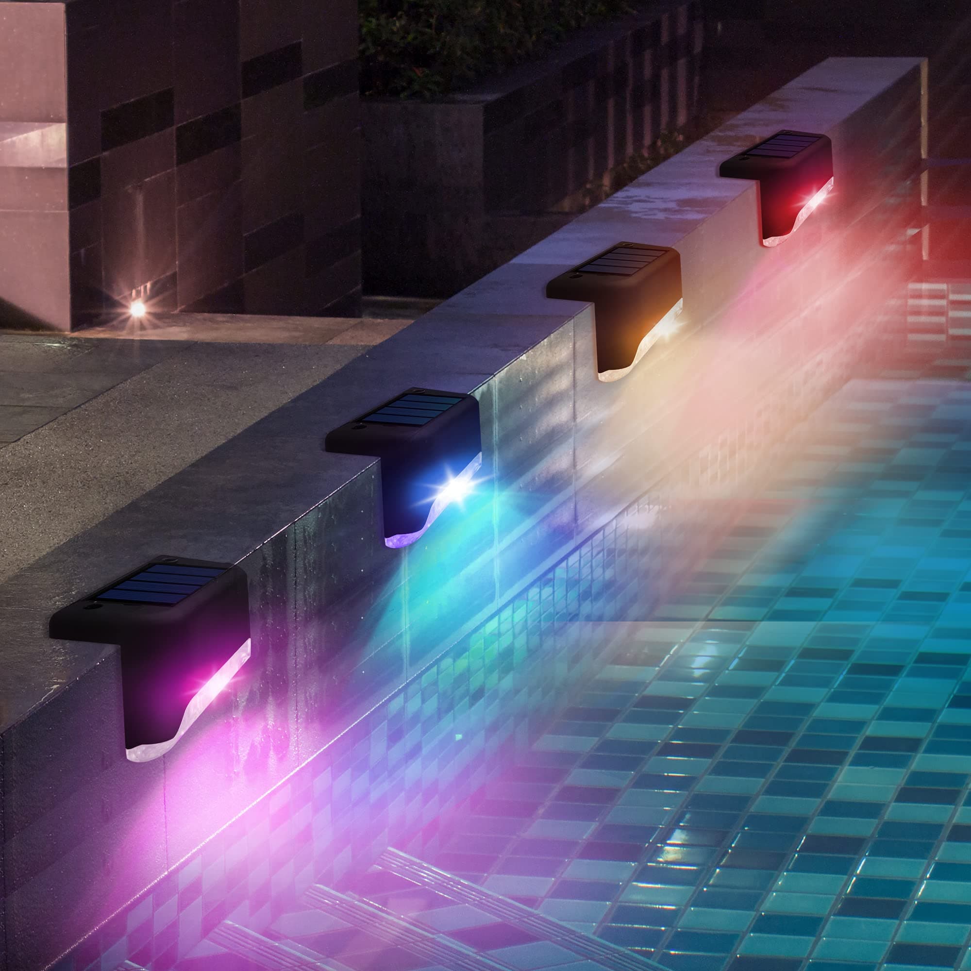 Solar Pool Side Lights 4-Pack, Color Changing Waterproof Light up Swimming Pool Accessories Night, Outdoor LED Deck Lights for Stairs, Step, Fence, Yard, Patio, and Pathway Decor
