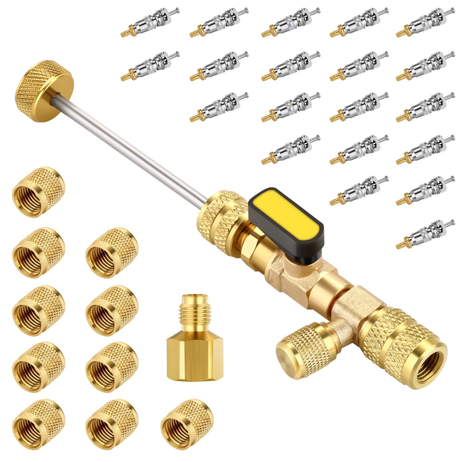 Valve Core Remover Installer Tool with Dual Size SAE 1/4 & 5/16 Port, 20 PCS Valve Cores with Teflon Seal and 10 PCS Brass Nuts, Compatible with R22 R12 R407 R410 R404 R32 R600 A/C