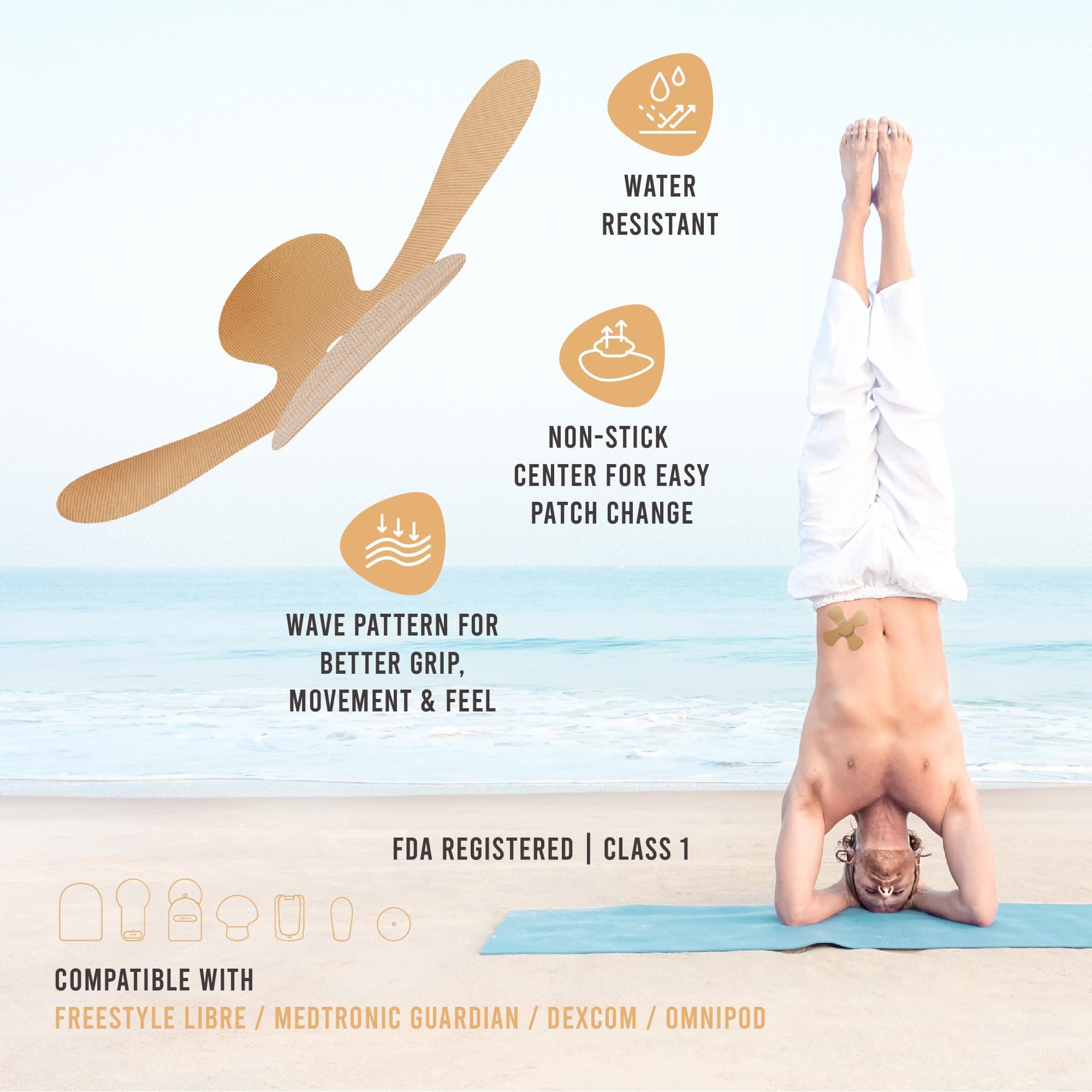 Not Just A Patch X-Patch CGM Sensor Patches (20 Pack) - Water Resistant Omnipod 5 Adhesive Patches - Durable for Active Lifestyle for 10-14 Days - Compatible with Dexcom G6, Libre 2 in Beige