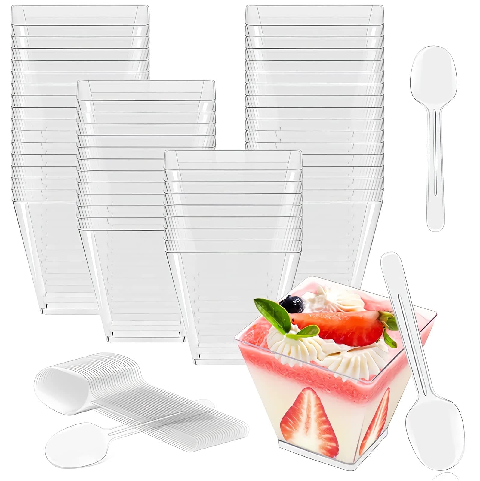 Kastwave Dessert Cups, Plastic 2 Oz / 60Ml Cups With 50 Soup Spoons, Reusable For Desserts, Appetizers, Puddings, Mousse, And More(50 Pack)