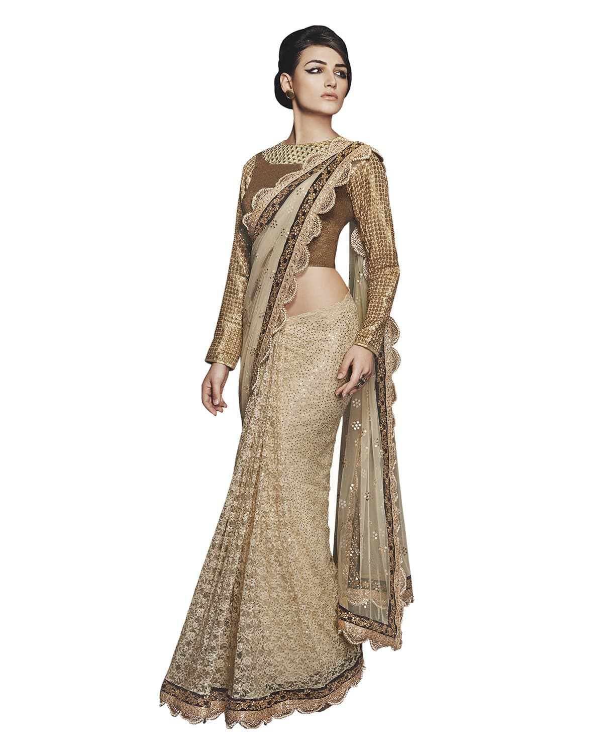 Go Traditional Women's Net Saree (White)