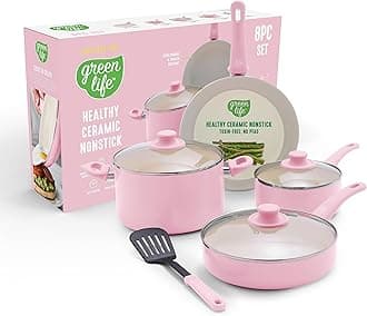 GreenLife 8 Piece Nonstick Cookware Set, Non-Toxic PFAS-Free Ceramic Pots & Pans, Dishwasher & Oven Safe, Frying, Sauce, Stock Pot, Glass Lids, Stay-Cool Handles, Wobble Free, Light Pink